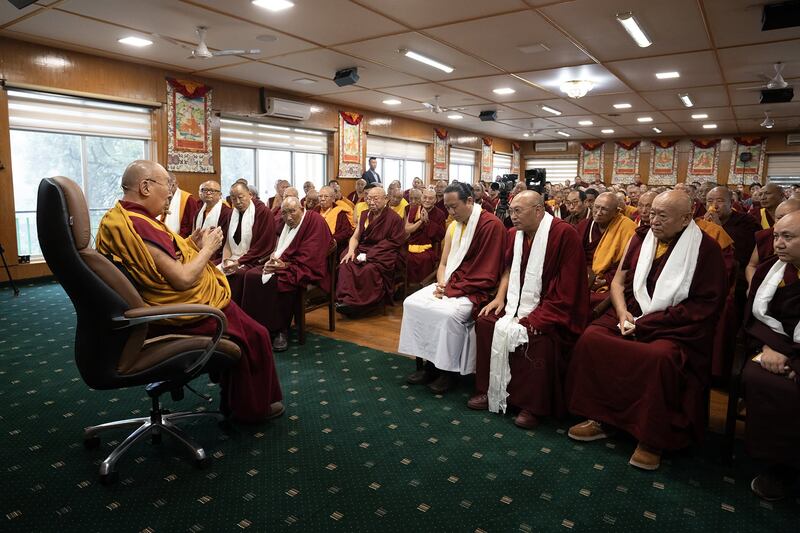 Tibetan spiritual leader the Dalai Lama meets with religious leaders at the end of a three-day conference in Dharamsala, India, July 4, 2025.